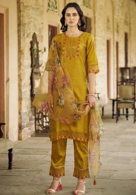 Mustard Yellow Embroidered Cotton Blend Salwar Kameez With Dupatta