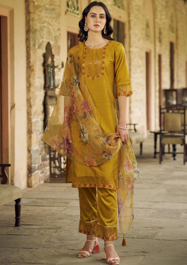 Mustard Yellow Embroidered Cotton Blend Salwar Kameez With Dupatta