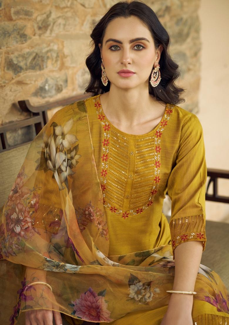Mustard Yellow Embroidered Cotton Blend Salwar Kameez With Dupatta