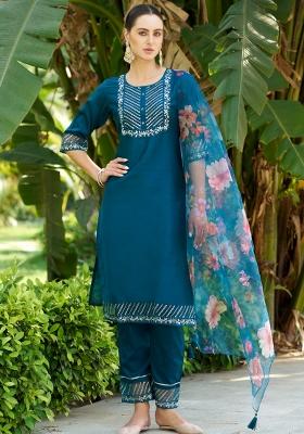 Teal Blue Embroidered Cotton Blend Salwar Kameez With Dupatta