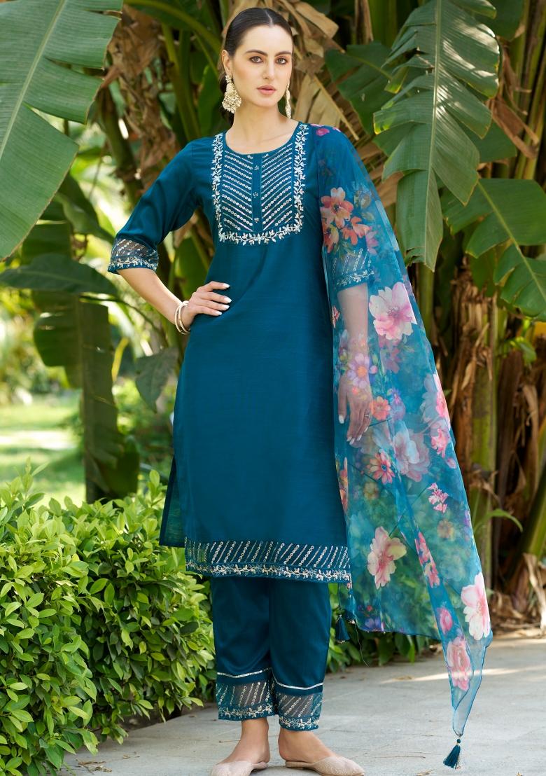 Teal Blue Embroidered Cotton Blend Salwar Kameez With Dupatta