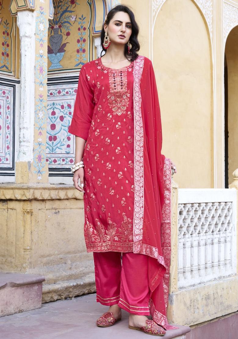 Pink Woven Viscose Salwar Kameez With Dupatta