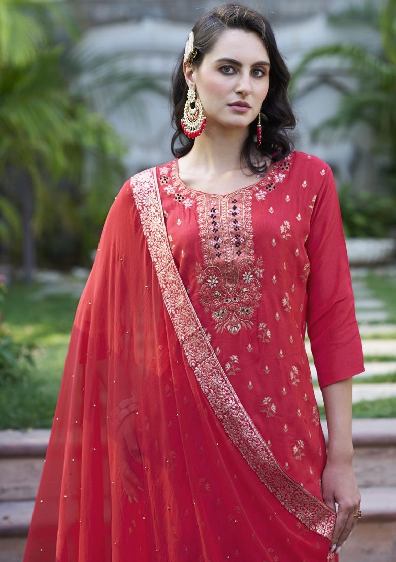 Pink Woven Viscose Salwar Kameez With Dupatta