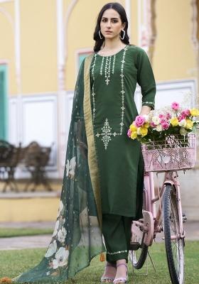 Green Embroidered Viscose Salwar Kameez With Dupatta