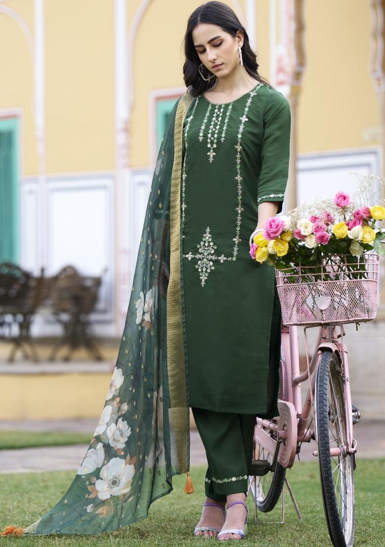 Green Embroidered Viscose Salwar Kameez With Dupatta