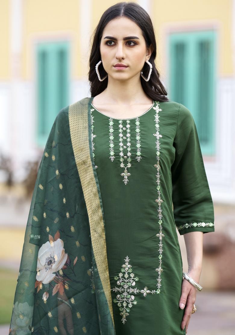 Green Embroidered Viscose Salwar Kameez With Dupatta