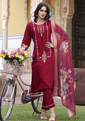 Maroon Embroidered Viscose Salwar Kameez With Dupatta