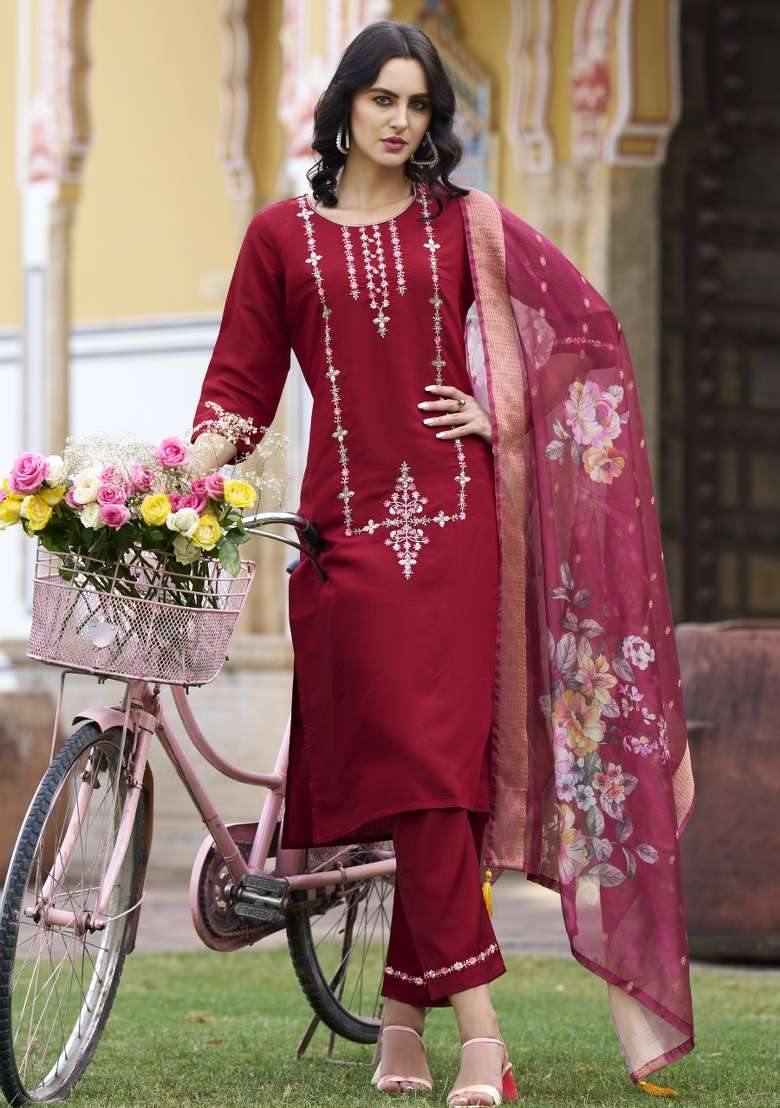 Maroon Embroidered Viscose Straight Kurta Set - Indya