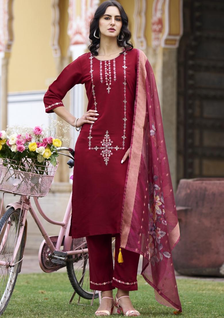 Maroon Embroidered Viscose Salwar Kameez With Dupatta