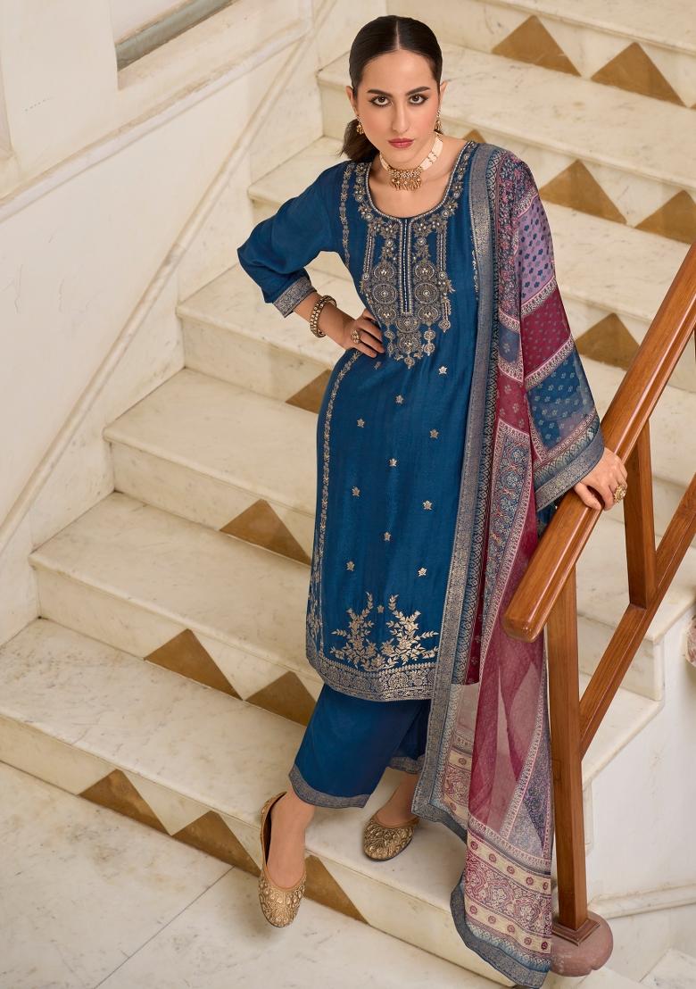 Blue Handwork Viscose Salwar Kameez With Dupatta