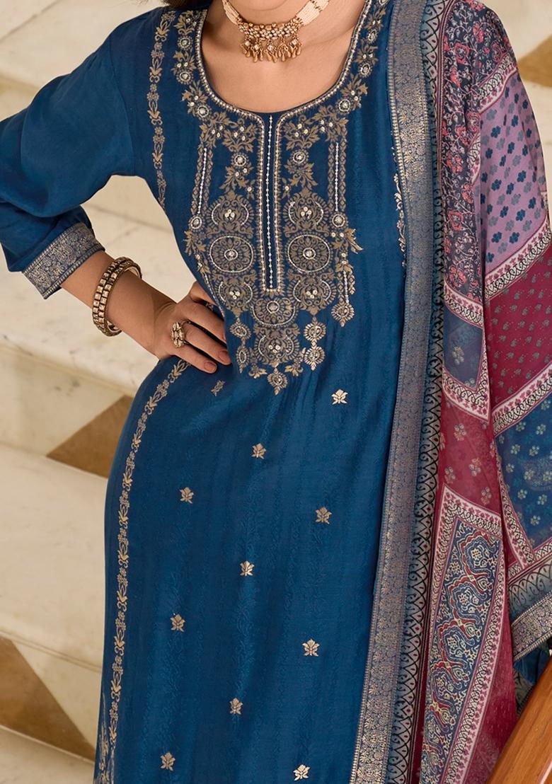 Blue Handwork Viscose Salwar Kameez With Dupatta