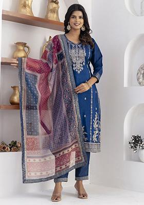 Blue Handwork Viscose Salwar Kameez With Dupatta