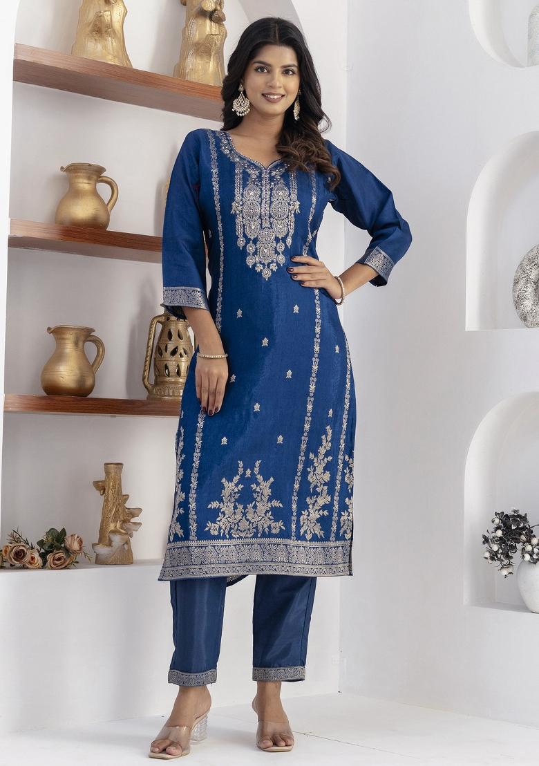 Blue Handwork Viscose Salwar Kameez With Dupatta