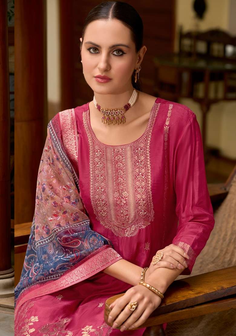 Red Embroidered Viscose Straight Kurta Set - Indya