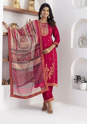 Red Handwork Viscose Salwar Kameez With Dupatta