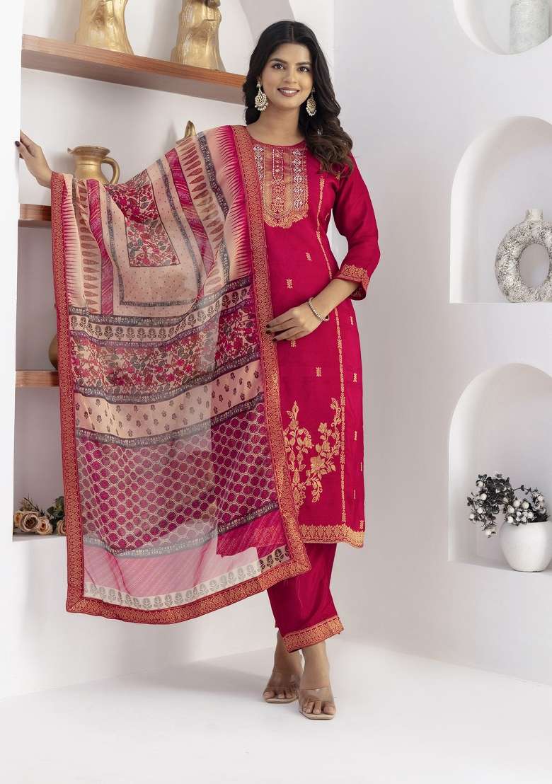 Red Embroidered Viscose Straight Kurta Set - Indya