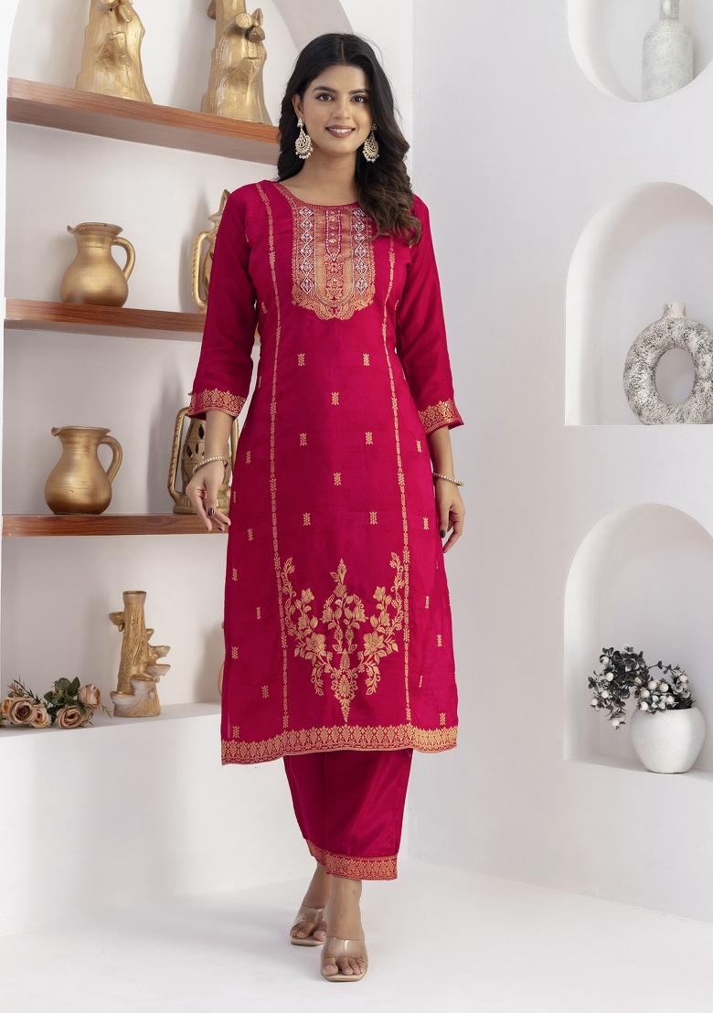 Red Handwork Viscose Salwar Kameez With Dupatta