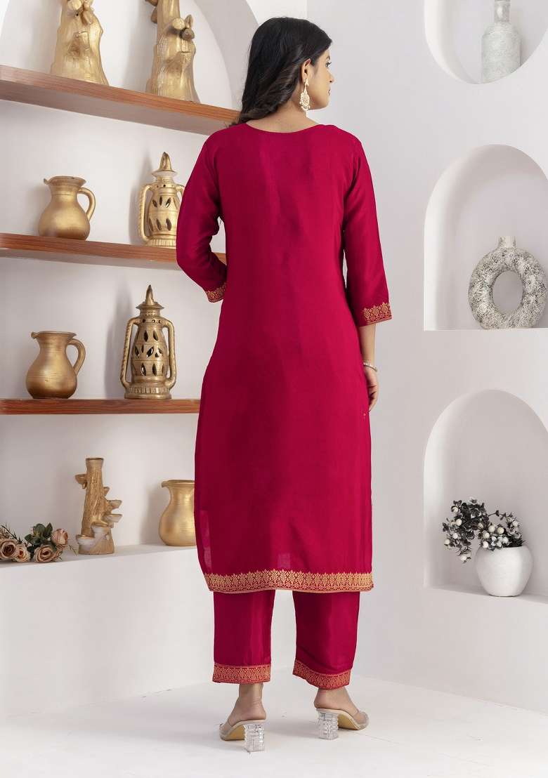 Red Embroidered Viscose Straight Kurta Set - Indya