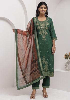 Green Handwork Viscose Salwar Kameez With Dupatta