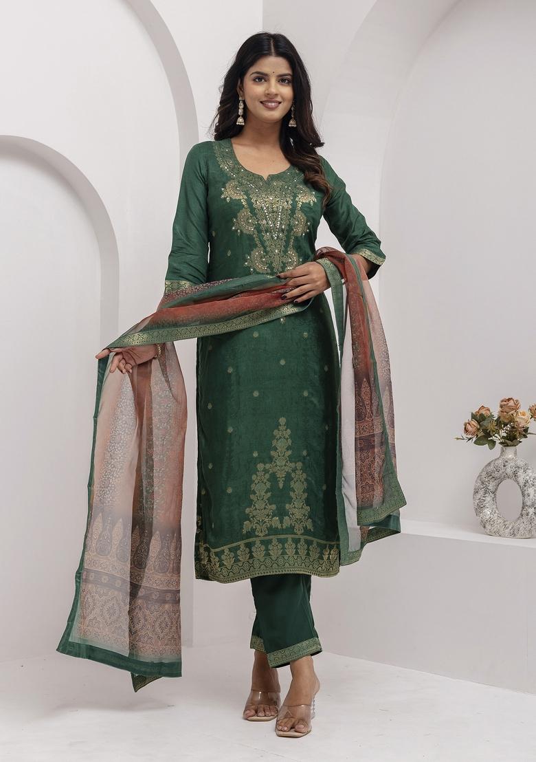 Green Handwork Viscose Salwar Kameez With Dupatta