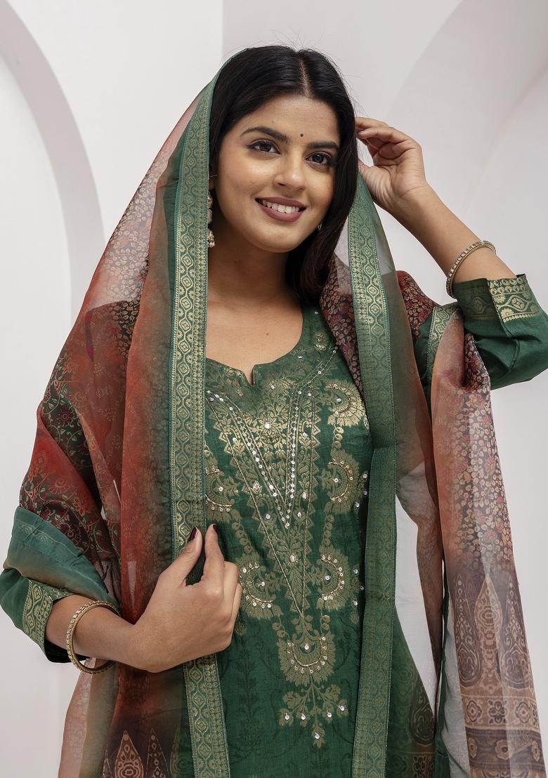 Green Handwork Viscose Salwar Kameez With Dupatta