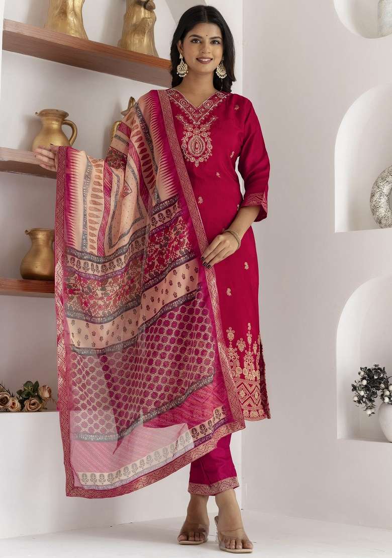 Pink Embroidered Viscose Straight Kurta Set - Indya