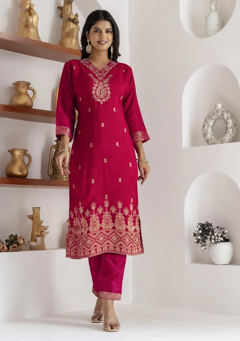 Pink Handwork Viscose Salwar Kameez With Dupatta