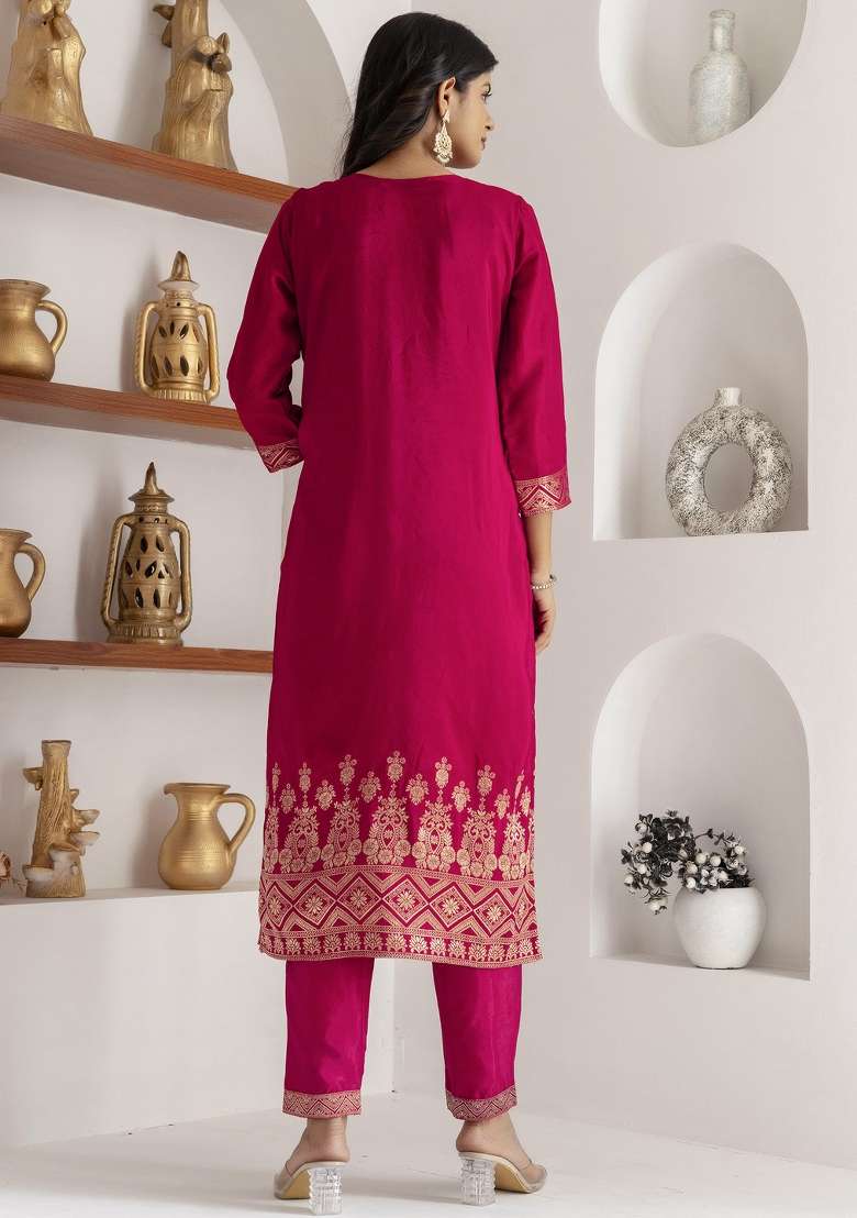 Pink Embroidered Viscose Straight Kurta Set - Indya