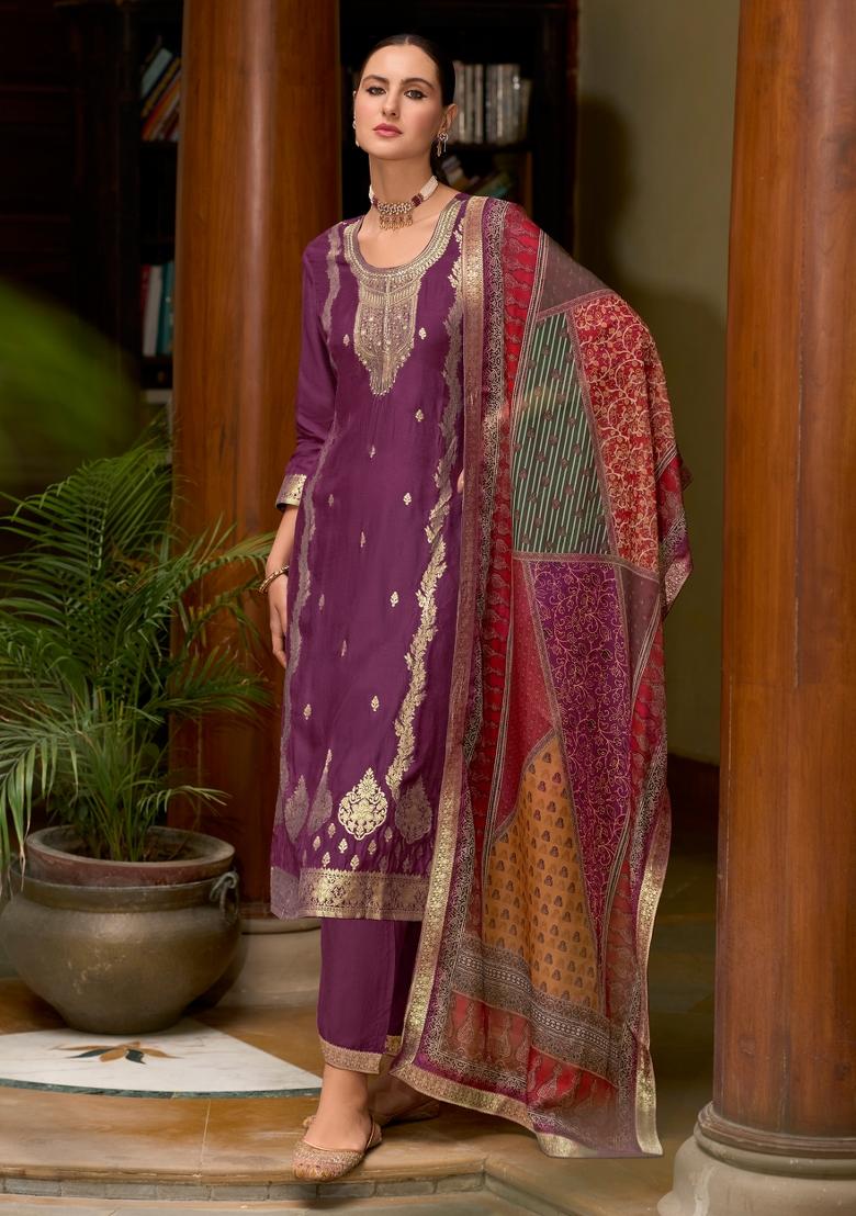 Purple Handwork Viscose Salwar Kameez With Dupatta