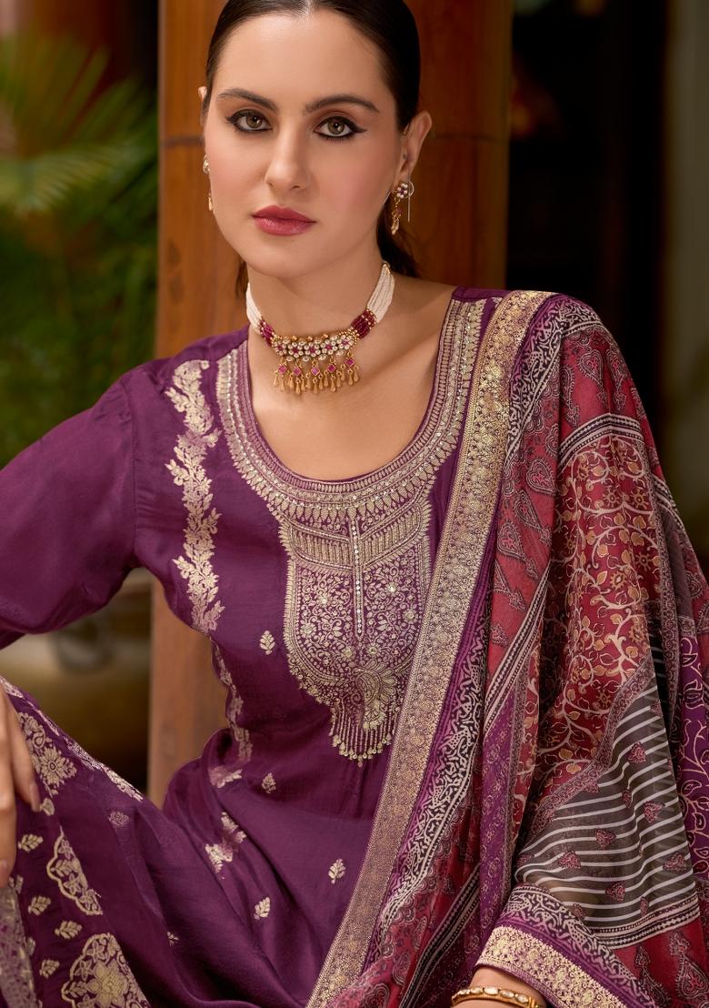 Purple Handwork Viscose Salwar Kameez With Dupatta