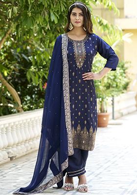 Blue Woven Viscose Salwar Kameez With Dupatta
