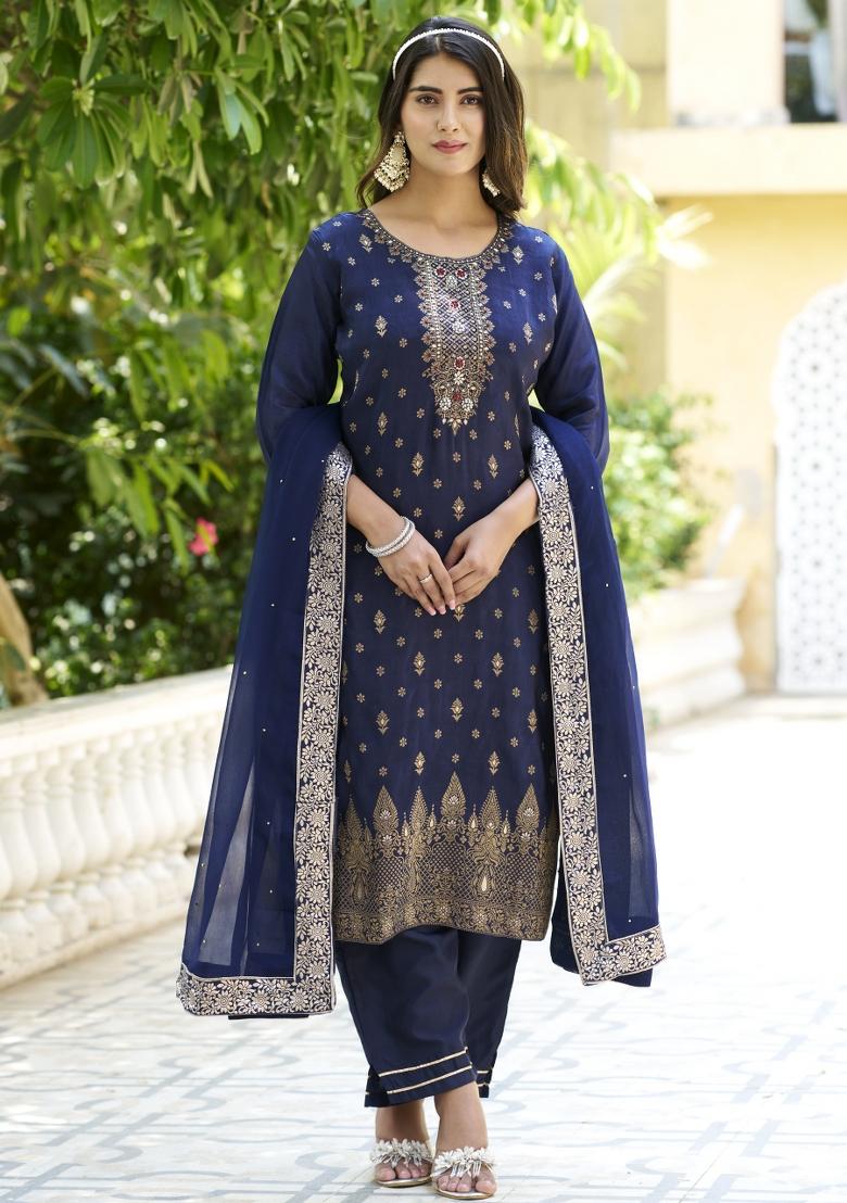 Blue Woven Viscose Salwar Kameez With Dupatta