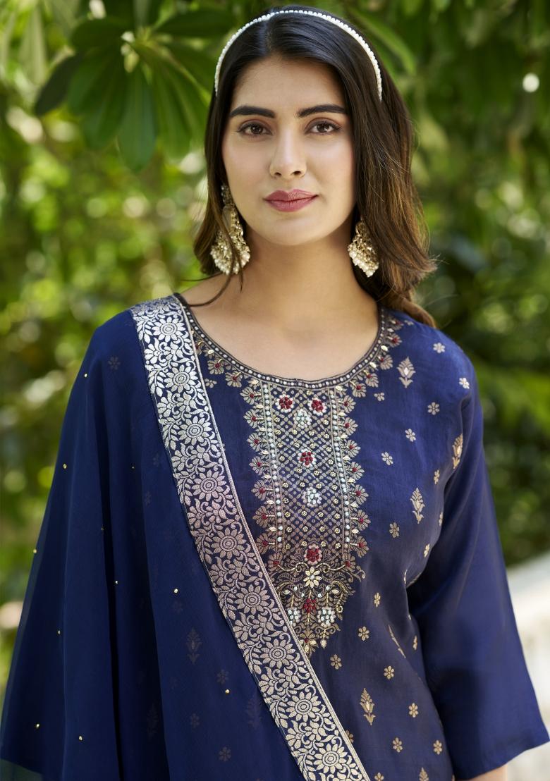 Blue Woven Viscose Salwar Kameez With Dupatta