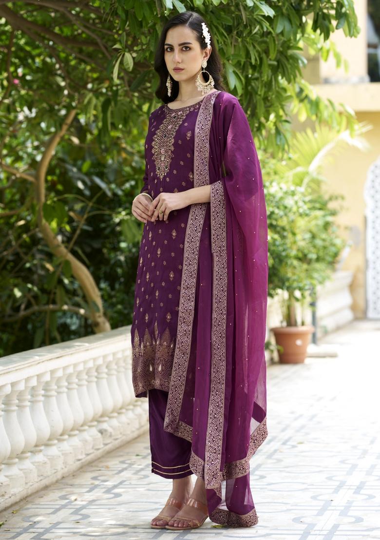 Purple Woven Viscose Salwar Kameez With Dupatta