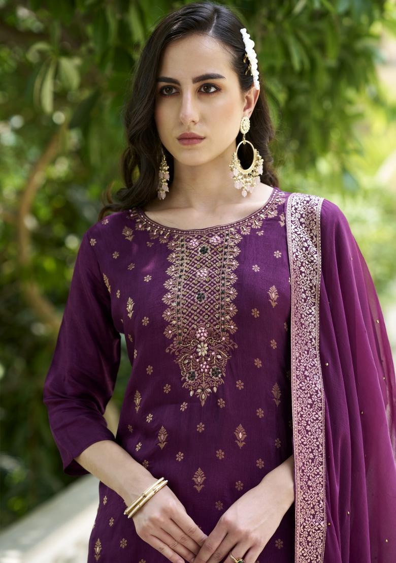 Purple Woven Viscose Salwar Kameez With Dupatta