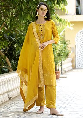 Yellow Woven Viscose Salwar Kameez With Dupatta