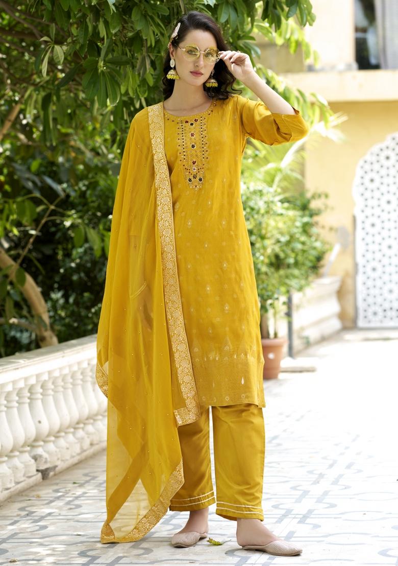 Yellow Woven Viscose Salwar Kameez With Dupatta