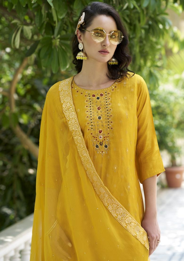 Yellow Woven Viscose Salwar Kameez With Dupatta