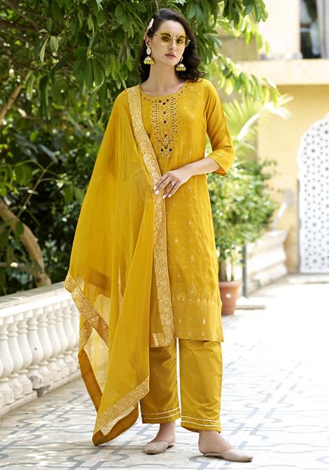 Yellow Woven Viscose Salwar Kameez With Dupatta