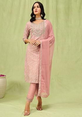 Peach Butti Work Chanderi Salwar Kameez With Dupatta
