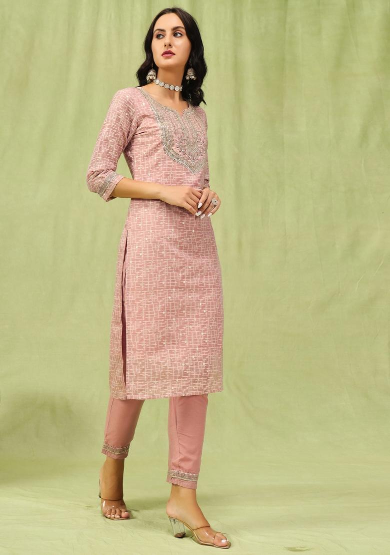 Peach Butti Work Chanderi Salwar Kameez With Dupatta