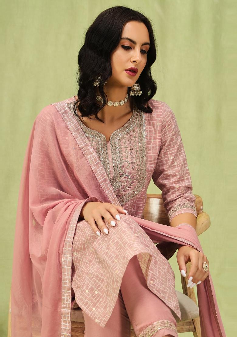 Peach Butti Work Chanderi Salwar Kameez With Dupatta