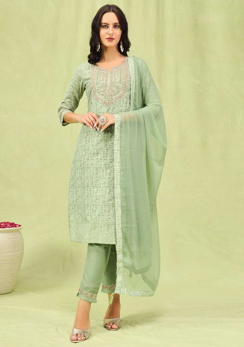 Pista Green Butti Work Chanderi Salwar Kameez With Dupatta - Indya