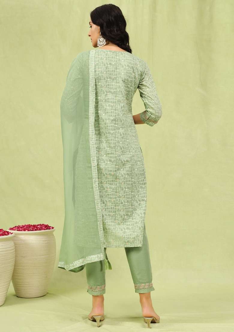 Pista Green Butti Work Chanderi Salwar Kameez With Dupatta - Indya