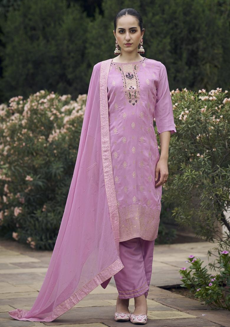 Lavender Woven Viscose Salwar Kameez With Dupatta