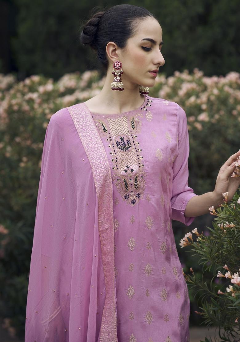 Lavender Woven Viscose Salwar Kameez With Dupatta