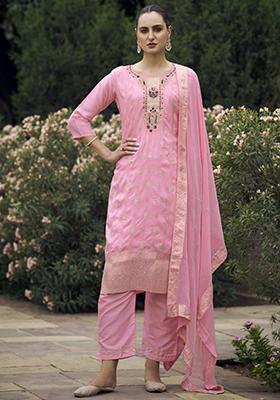 Pink Woven Viscose Salwar Kameez With Dupatta