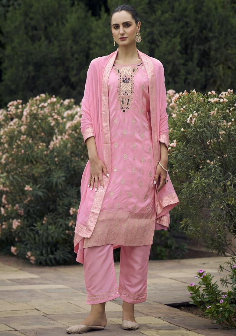 Pink Woven Viscose Salwar Kameez With Dupatta