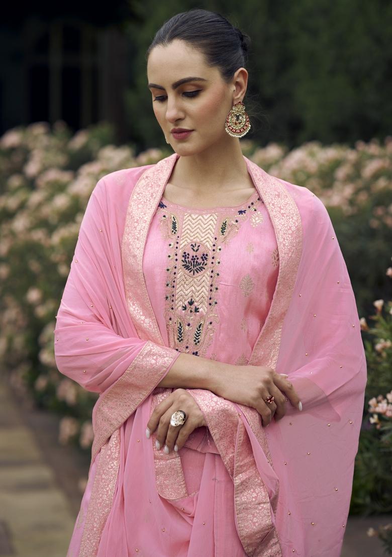 Pink Woven Viscose Salwar Kameez With Dupatta