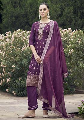 Purple Woven Viscose Salwar Kameez With Dupatta